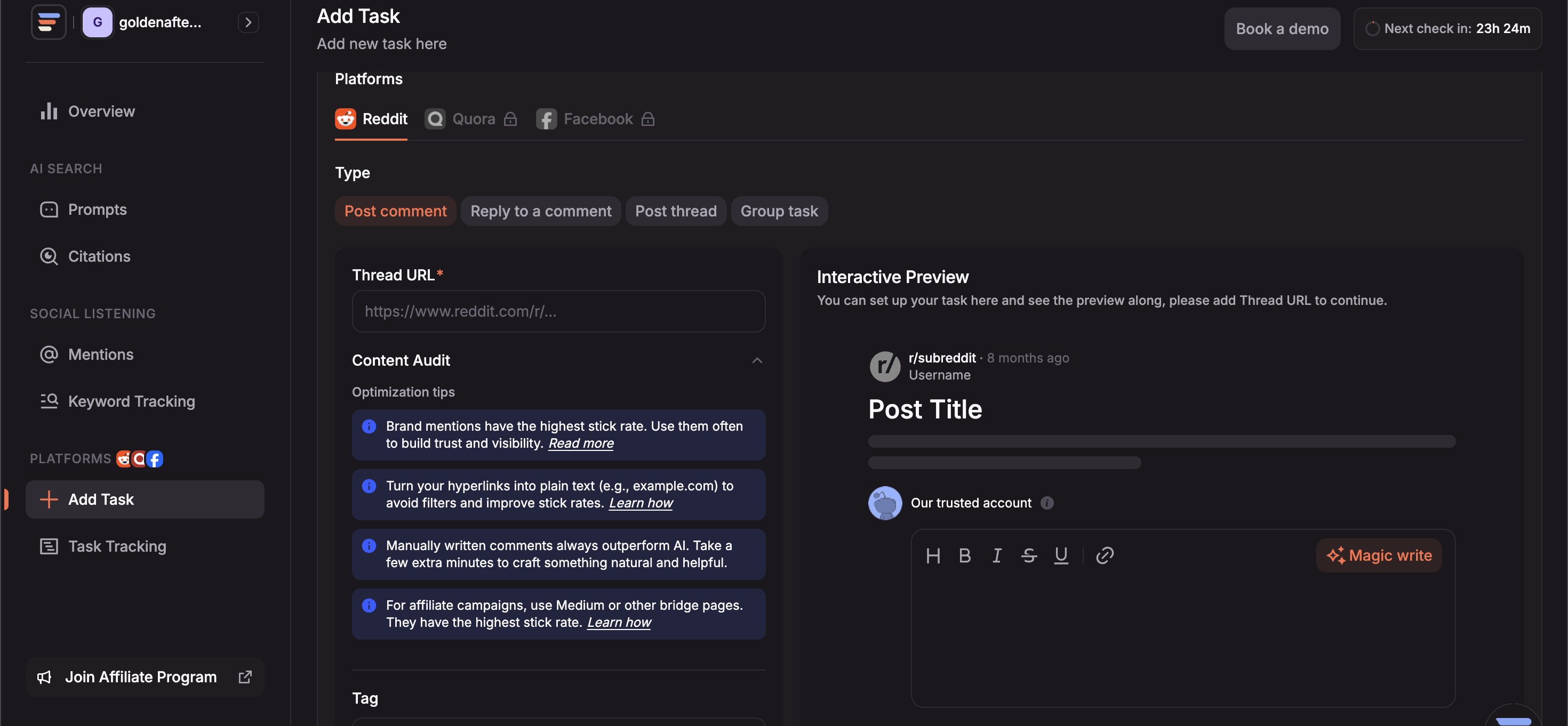CrowdReply Add Task screen with Thread URL field, Content Audit tips, and Interactive Preview panel showing the Reddit thread
