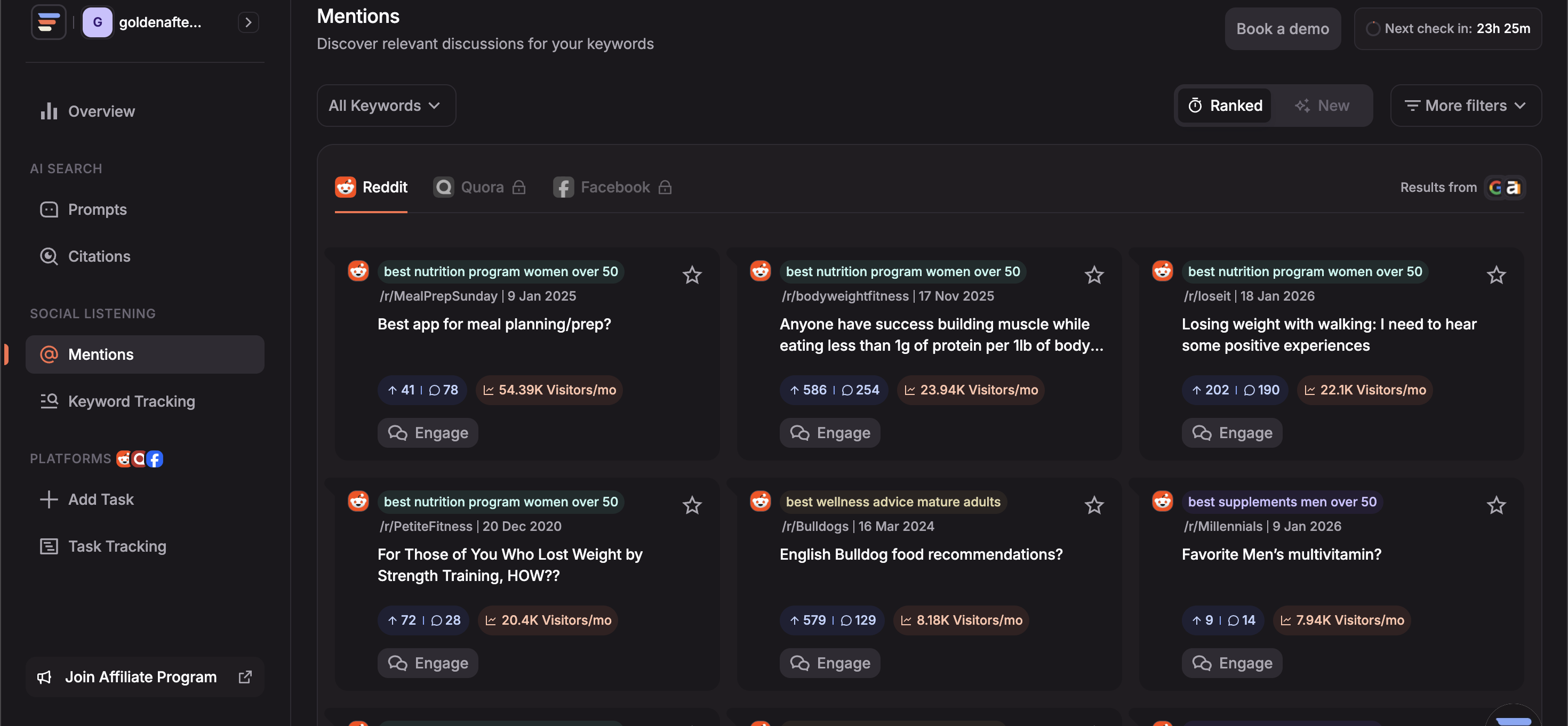 CrowdReply Mentions feed showing Reddit thread cards with keyword matches, upvotes, comment counts, and monthly visitor traffic